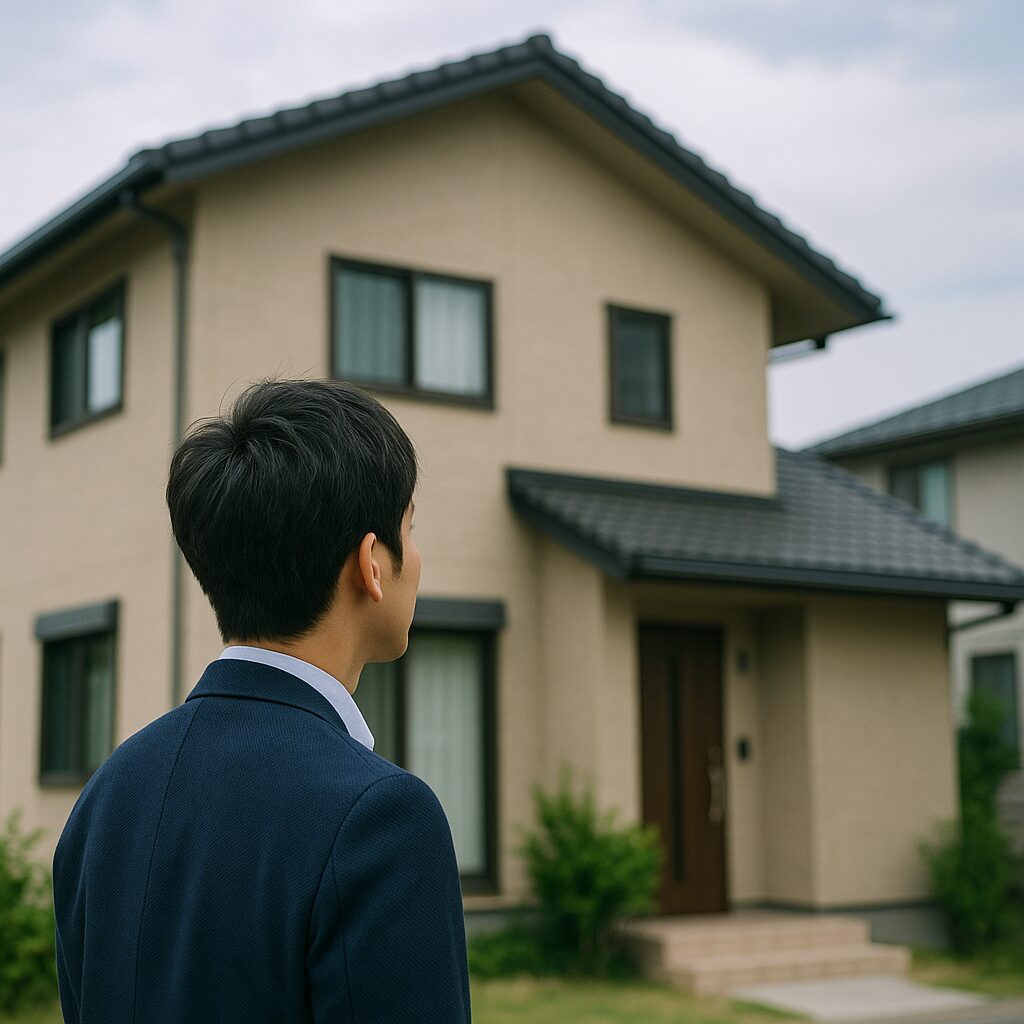 自宅を見ている男性