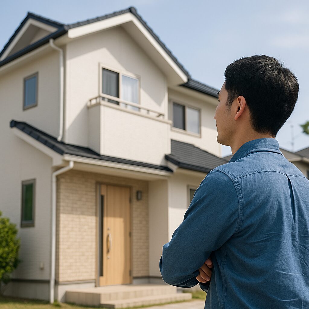 自宅を見ている男性