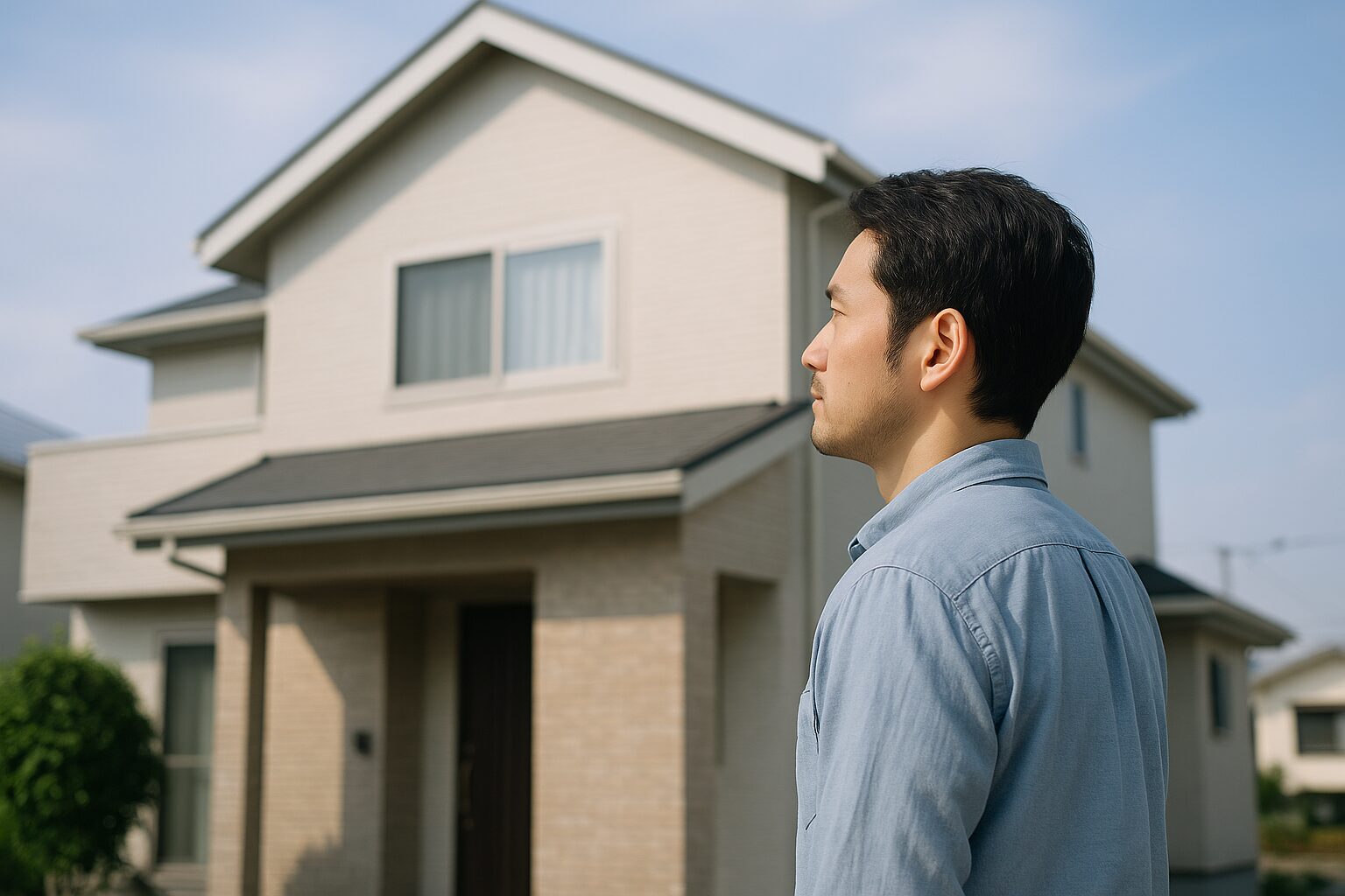 自宅を見ている男性