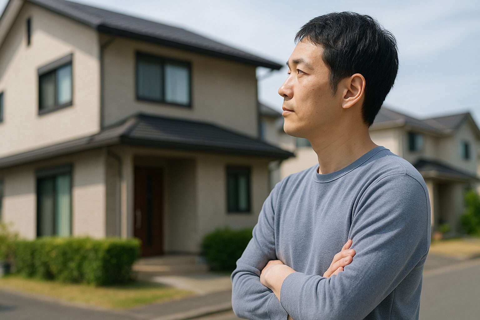 自宅を見ている男性