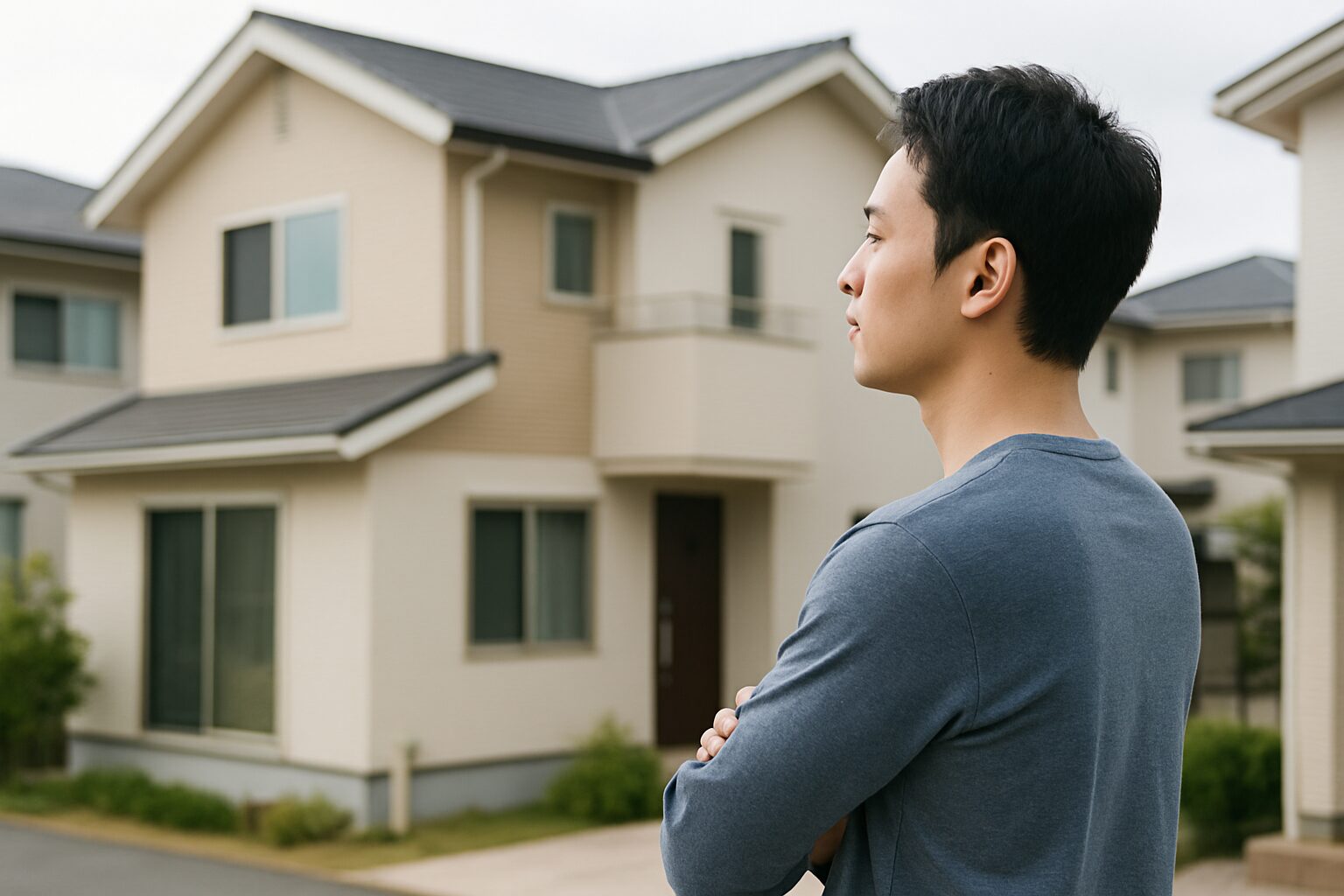 自宅を見ている男性