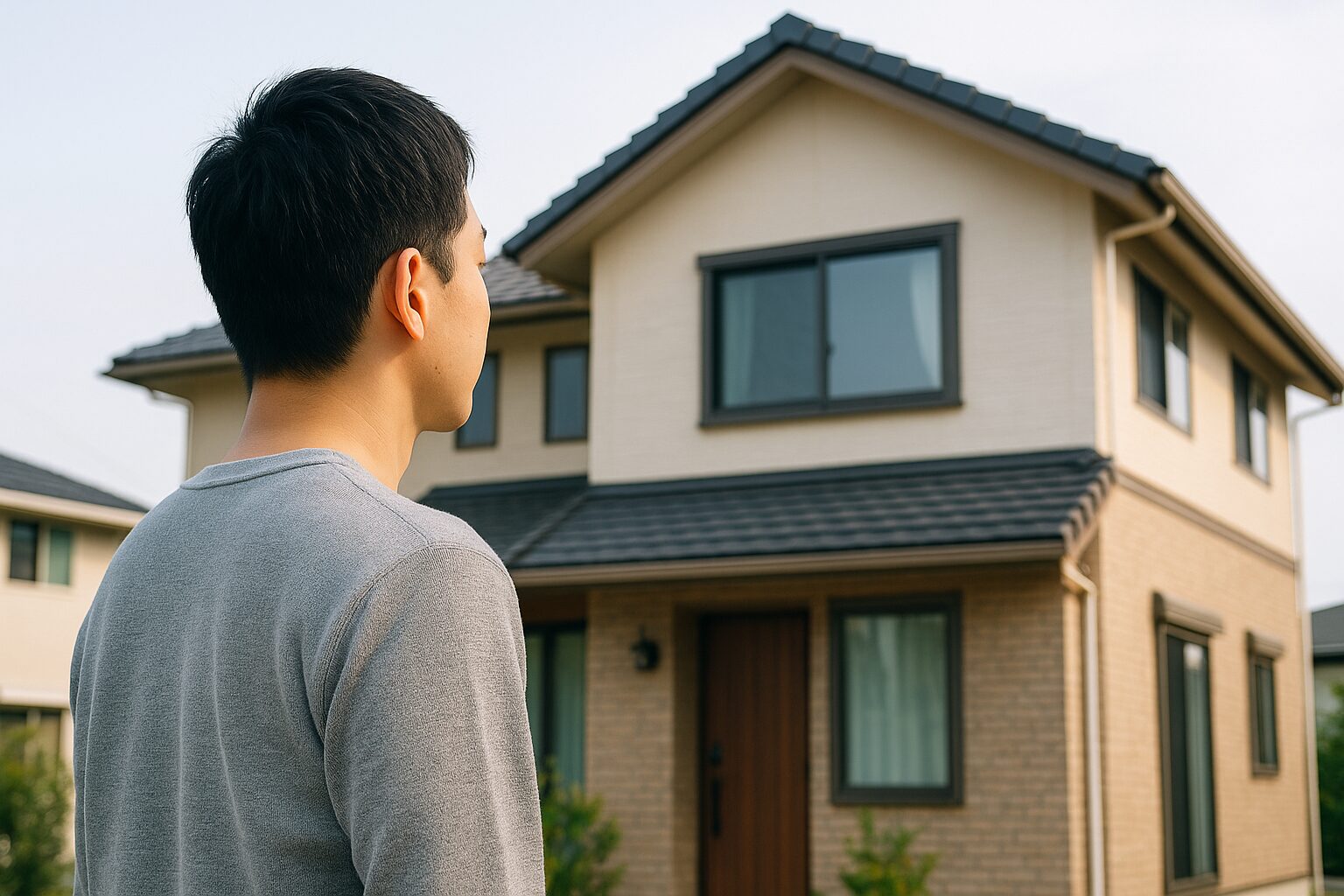 自宅を見ている男性