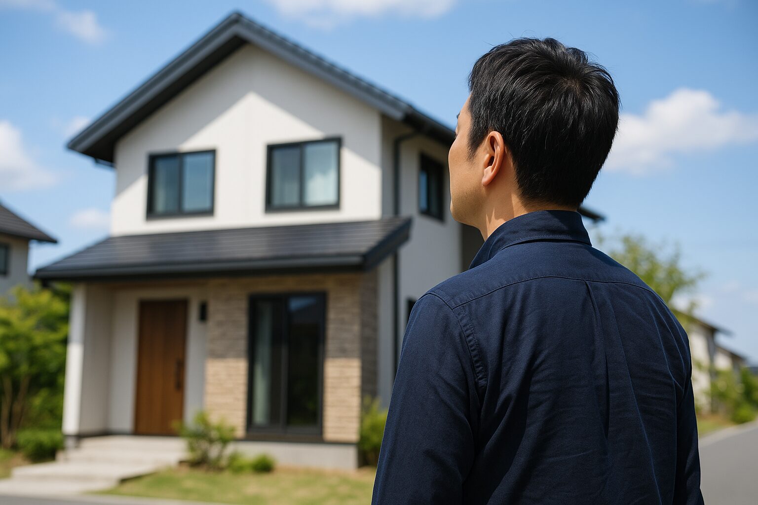 自宅を見ている男性