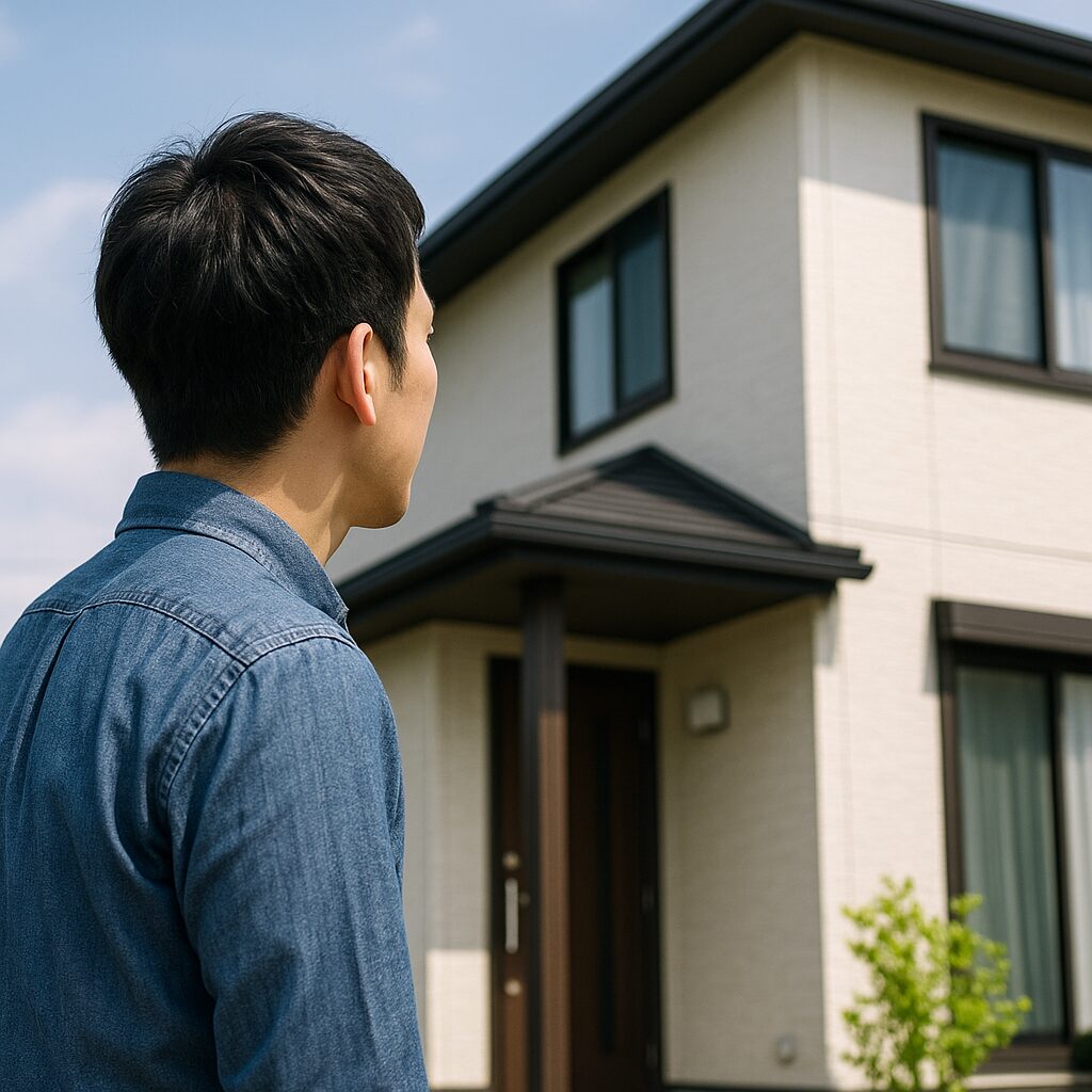 自宅を見ている男性