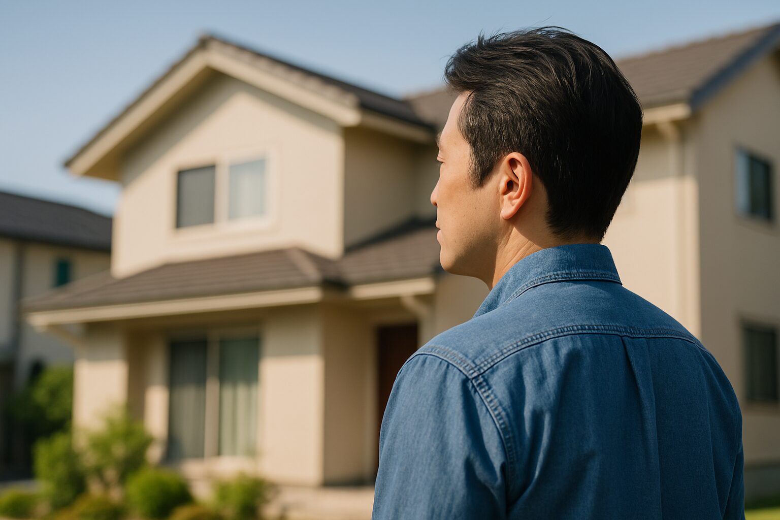 自宅を見ている男性