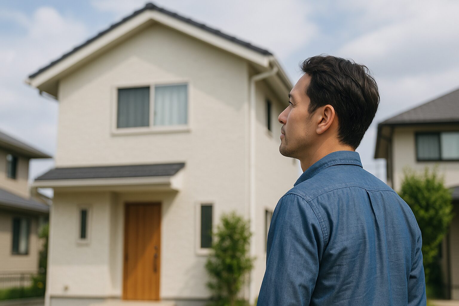 自宅を見ている男性