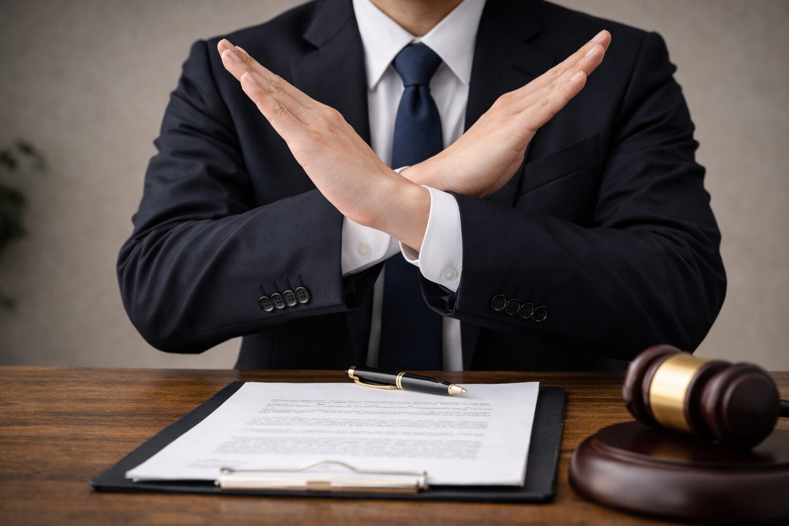 弁護士が胸の前でバツマークをしている様子