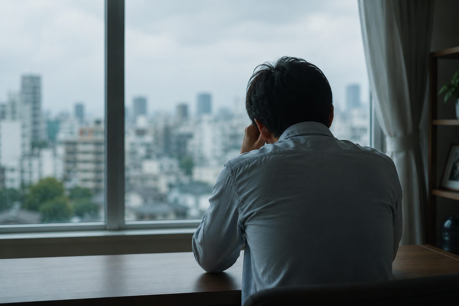悩んでる男性の後ろ姿