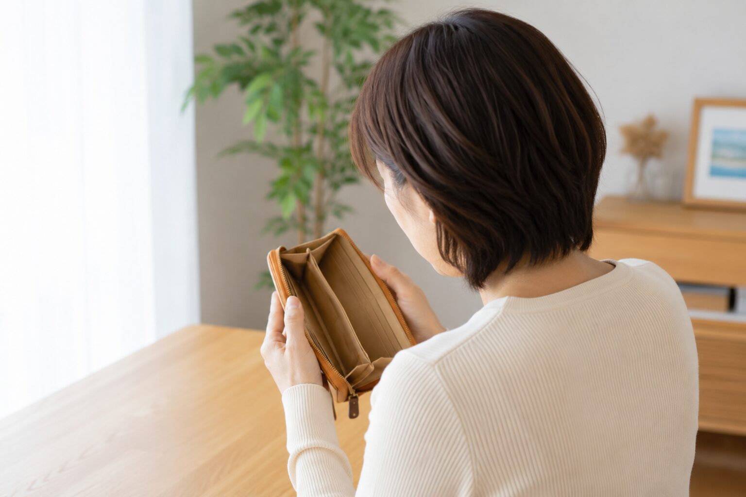 財布の中身を見ている女性