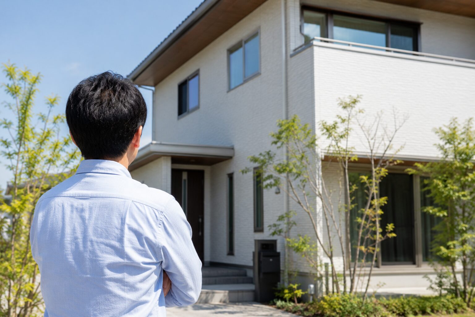 マイホームを見ている男性の後ろ姿