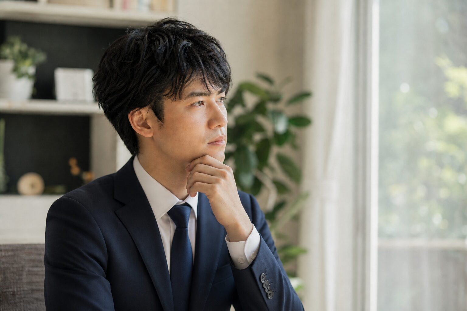 考え事をしている青年